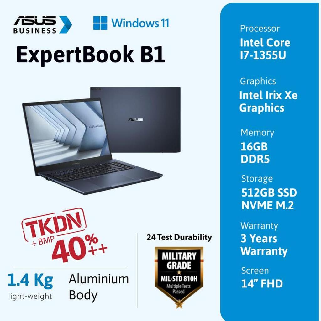 Laptop TKDN ASUS ExpertBook TKDN BG1408CVA-EB7150X | I7-1355U 16GB 512GB PCIe 14" FHD Win11 PRO 3Y T
