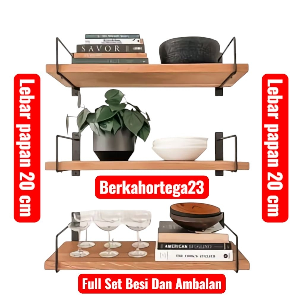 Rak Dinding Ambalan Rangka Besi Minimalis Sudah Dapat Papan Kayu Lebar 20cm