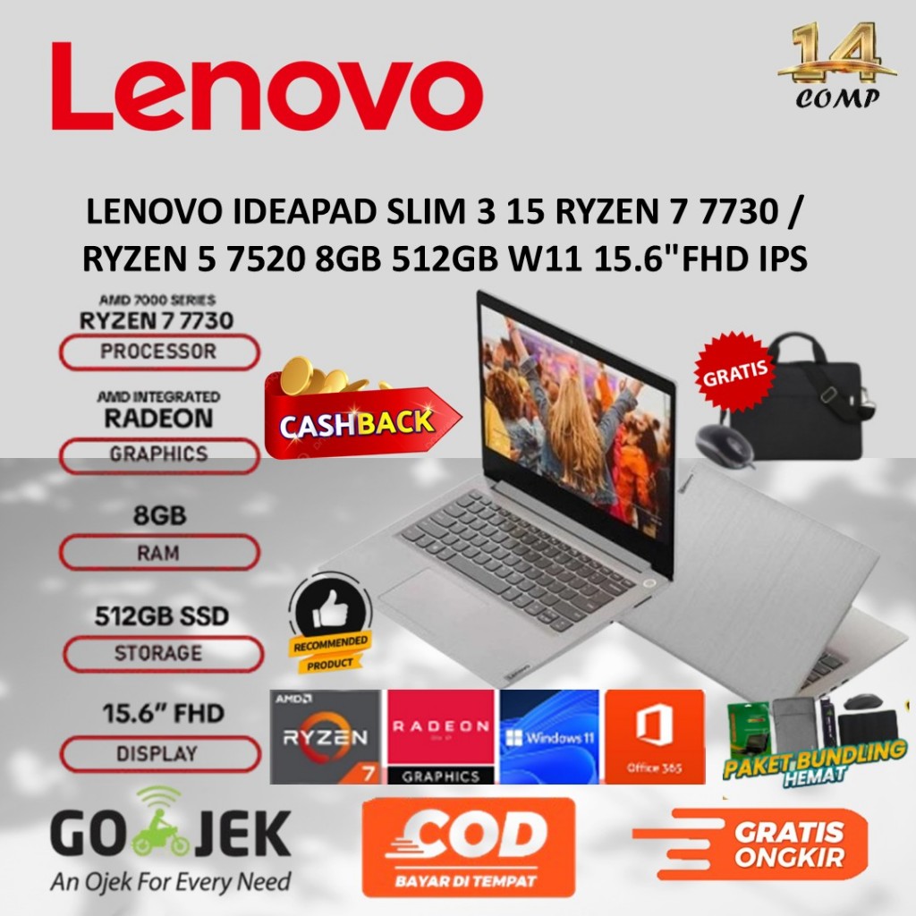 LENOVO IDEAPAD SLIM 3 15 RYZEN 7 7730 / RYZEN 5 7520 8GB 512GB W11 15.6"FHD IPS
