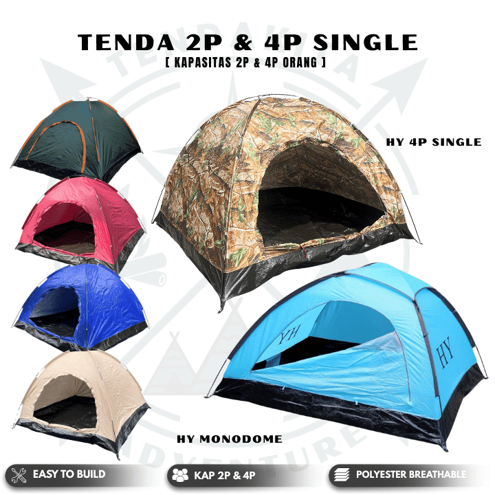 Tenda Camping Gunung HY Monodome Waterproof Single Layer 2-3P Dan 4P Tent Outdoor Frame Fiber