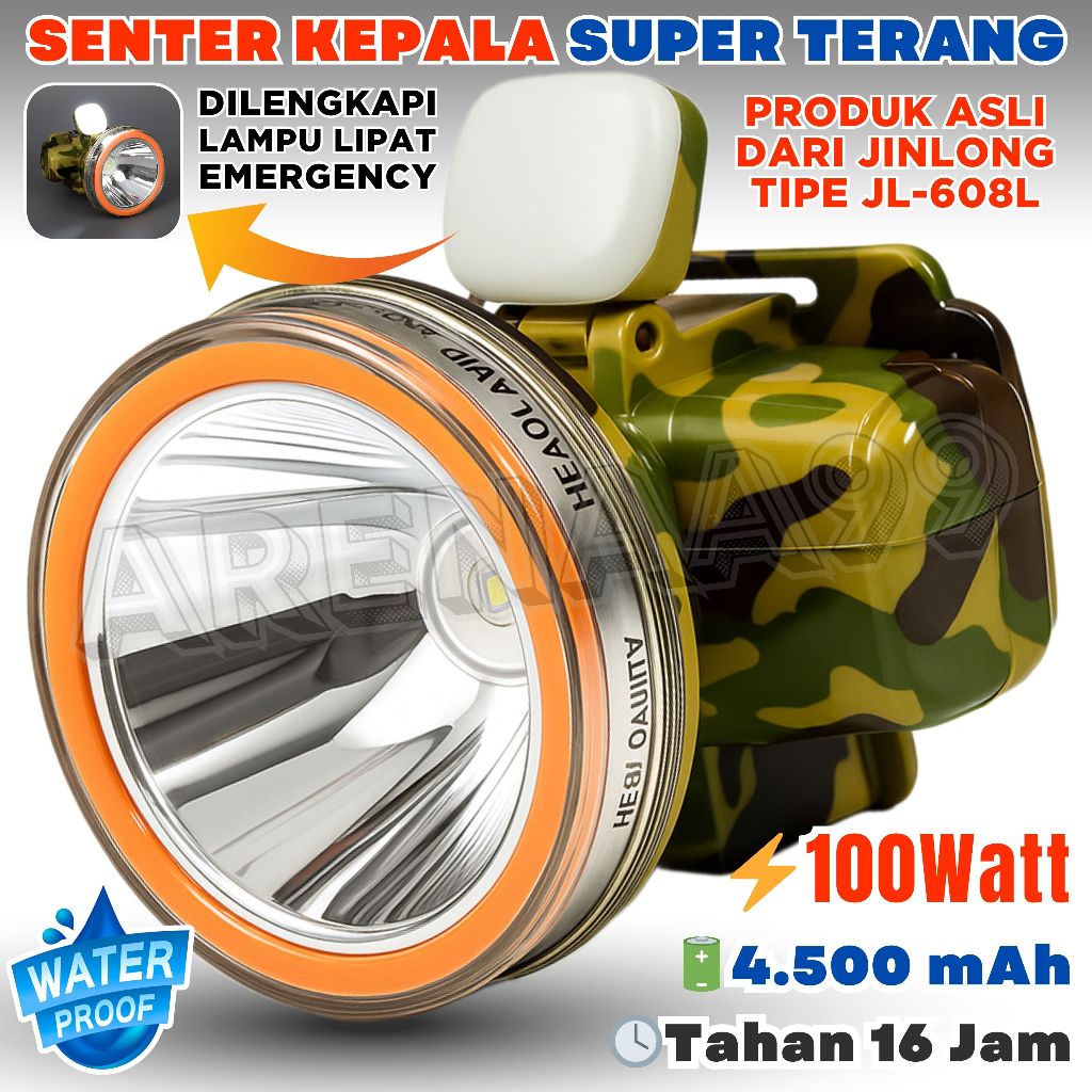 Senter Kepala Premium JINLONG 100W | 4.500mAh Cahaya Putih Tahan Lama 16 Jam | JL-608L | ARENAA69