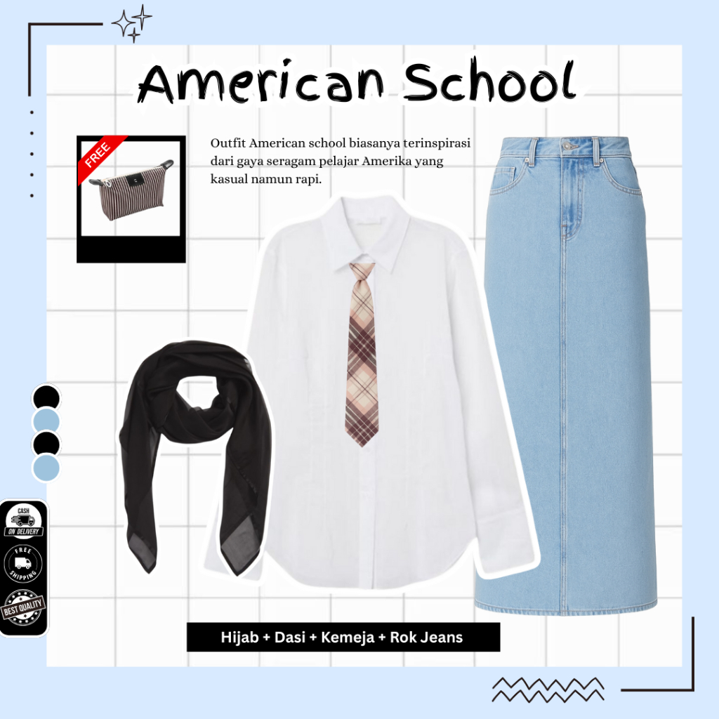 Mora Outfit American School  ( Dasi + Hijab + Kemeja + Rok Jeans )  Ootd Yearbook Viral Wanita - N22