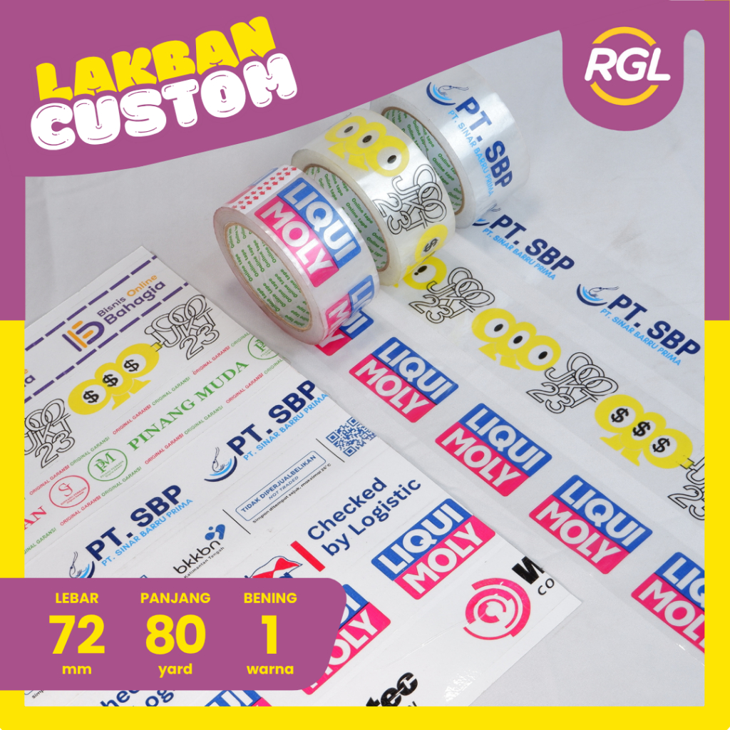 Cetak Lakban Custom Printing 72mm x 80 Yard x 45mic 1 Warna / Custom Lakban Brand Logo