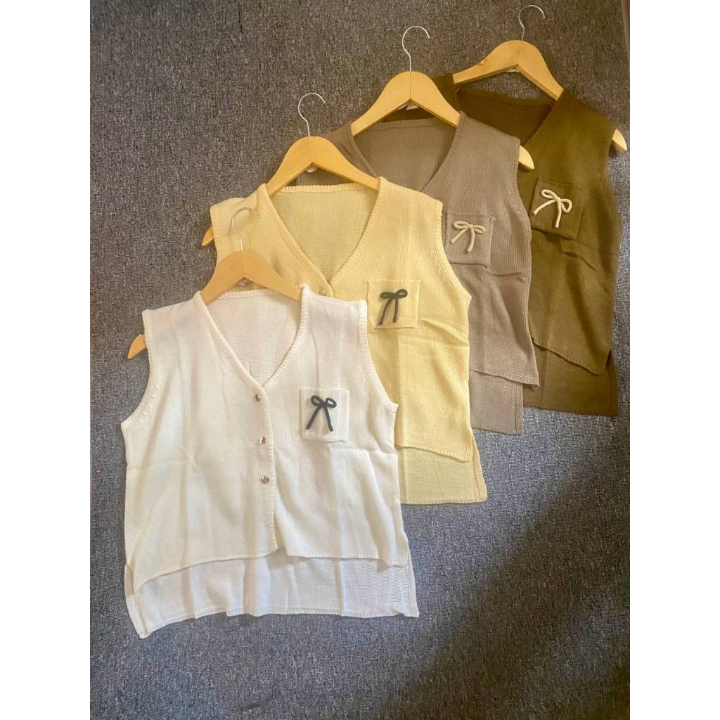 Kirana Vest Rompi Rajut Wanita Motif Polos Saku Pita Korea Warna Netral dan Soft