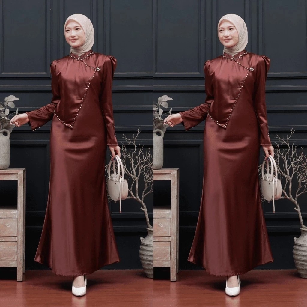 Dress Amania Dress Satin Silk Payet Bridesmaid Wisuda Lamaran Bridesmaid Mahogany Kekinian 2025