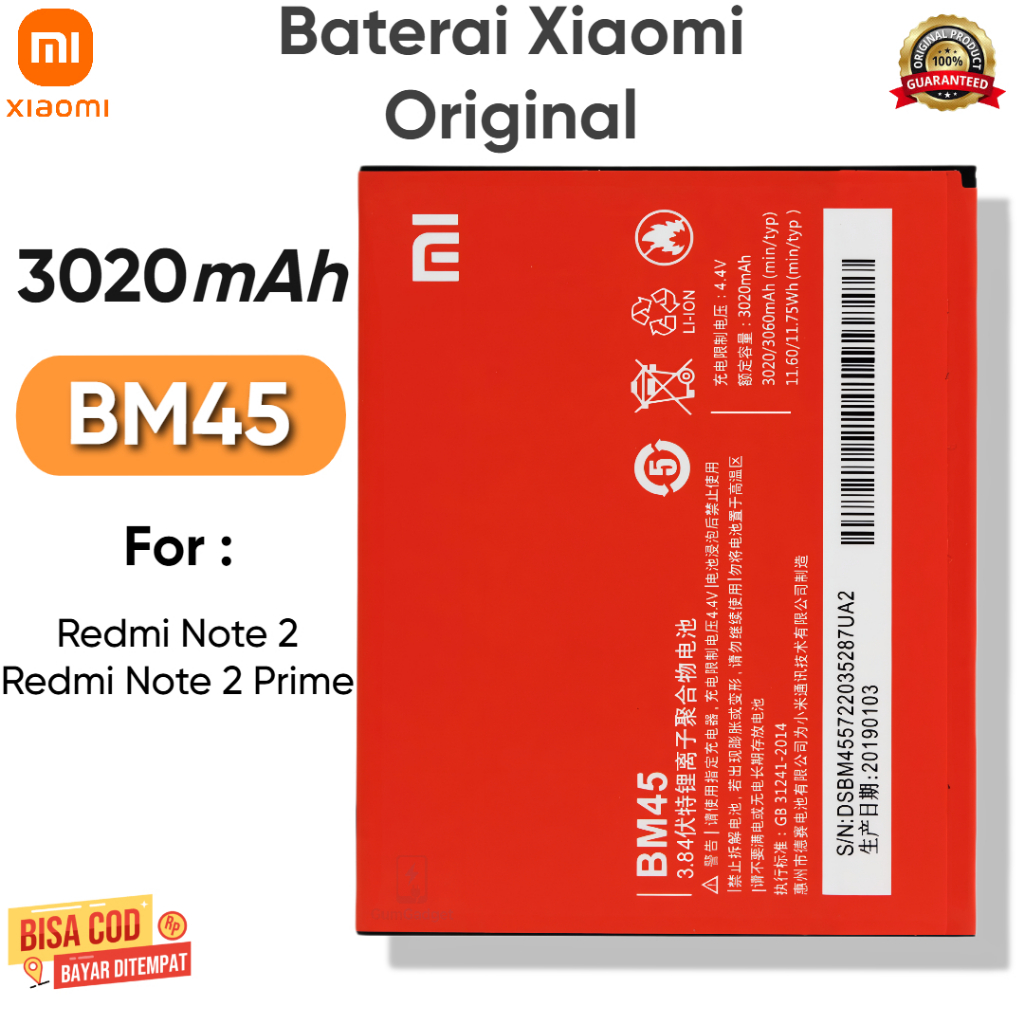 Battery Baterai For Redmi Note 2 BM45 Batrai Batre Hp Handphone Xiaomi Note 2 Prime BM 45 Ori