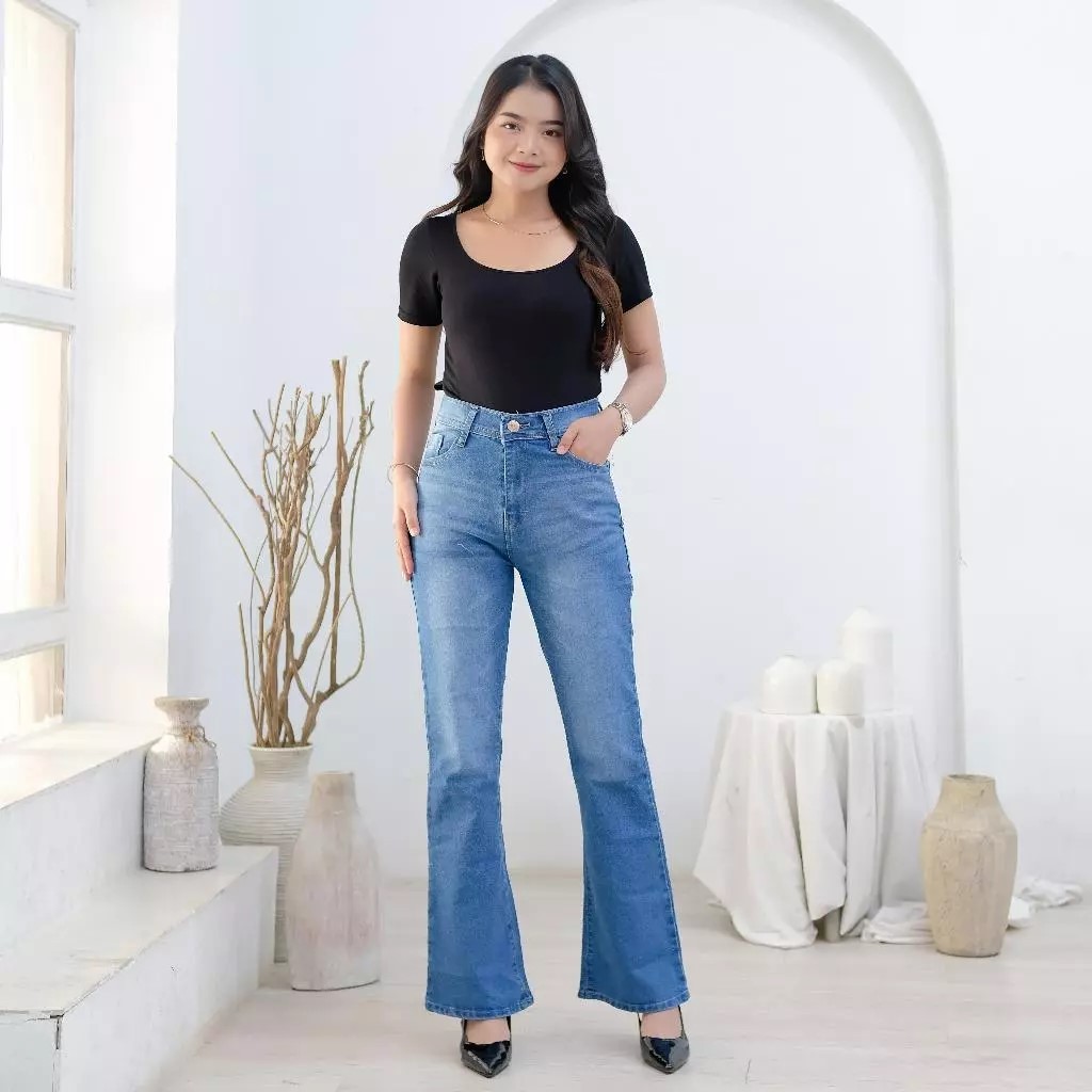 Zora - Jeans Cutbray Retro Wanita Highwaist Kekinian Stretch