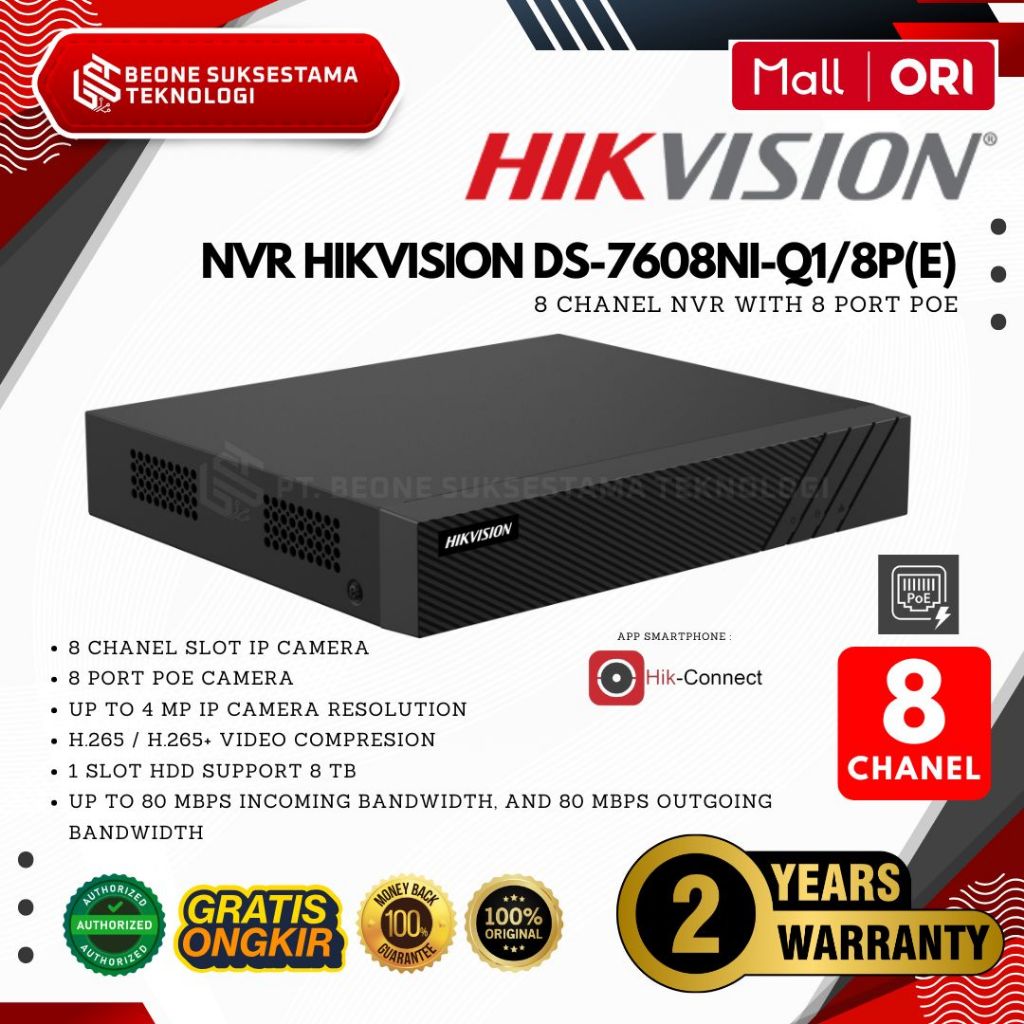 DS-7608NI-Q1/8P(E) - HIKVISION NVR 8 Chanel 7600 New Series Include POE