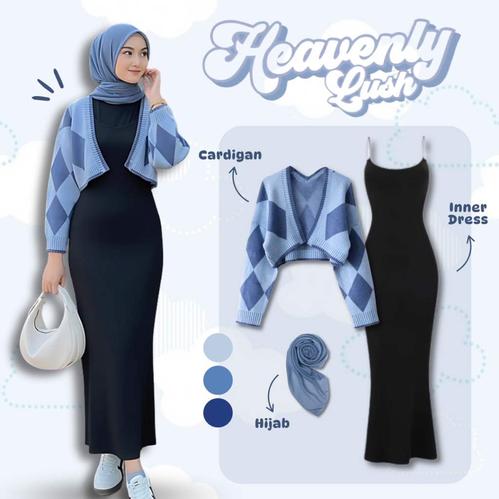 Korean Style One Set 3 in 1 | Cardigan Rajut Biru + Inner Dress Slim-Fit + Bella Square Denim | UC68
