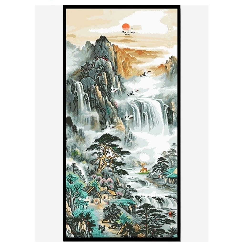 Paket kristik air terjun gunung pedesaan klasik pola kain pemandangan cross stitch 11ct
