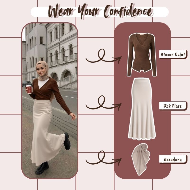 Baju Setelan Wanita Korean Style ( Blouse rajut + Rok Duyung + Hijab ) One Set Kekinian - 004