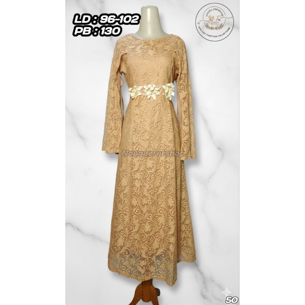 Gamis Lace Preloved Coklat Nude • LD 96–102 • PB 130 • Kondisi Bagus