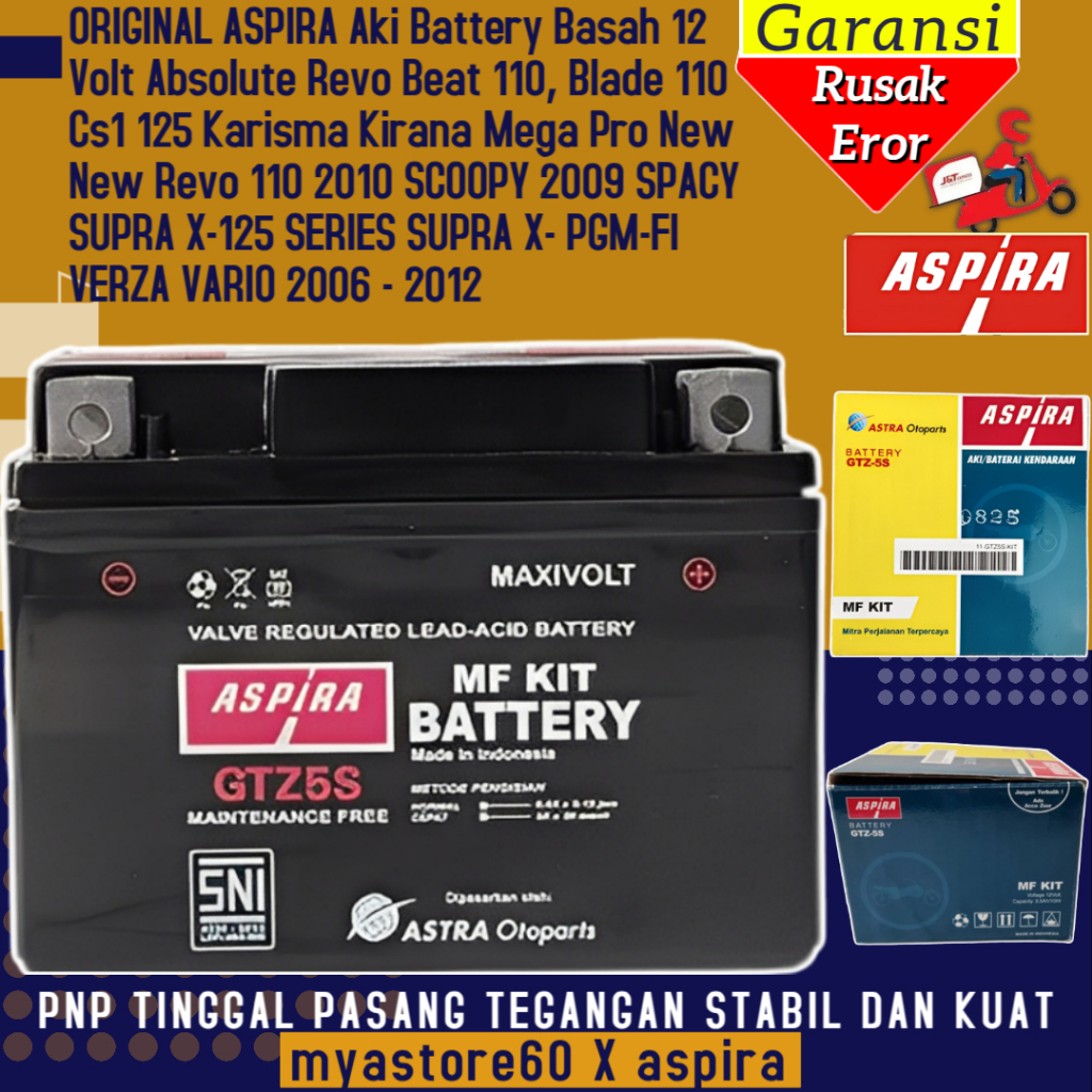 ORIGINAL ASPIRA Aki Basah Aspira 12 V 5 Ah/10 Hr Sepeda Honda ABSOLUTE REVO, BEAT 110, BLADE 110, CS