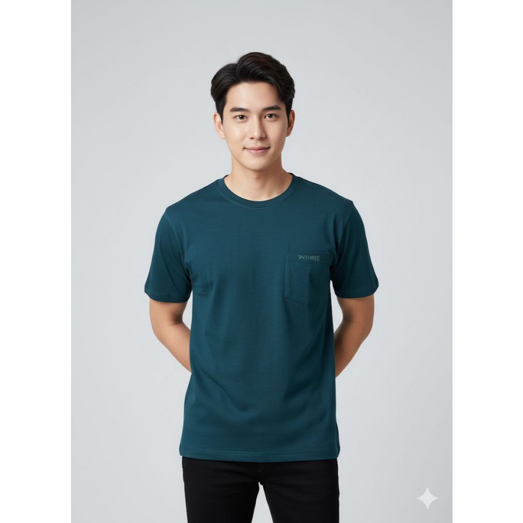 3"NThree Kaos Tangan Pendek Pria Polos Hijau kantong / Atasan Pria 304388