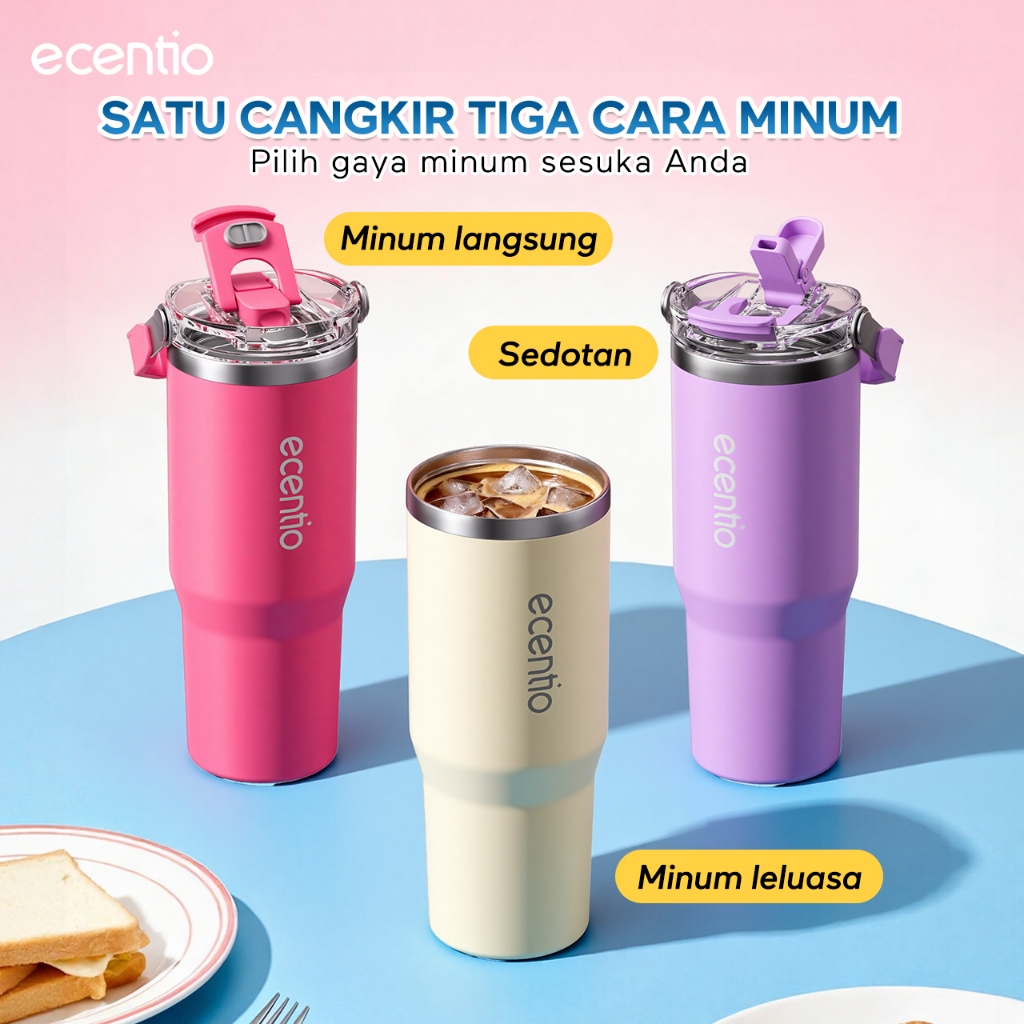 NEW - ECENTIO TUMBLER STAINLESS 900ML PORTABLE AESTHETIC TERMOS LUCU BOTOL MINUM BESAR TAS TUMBLER