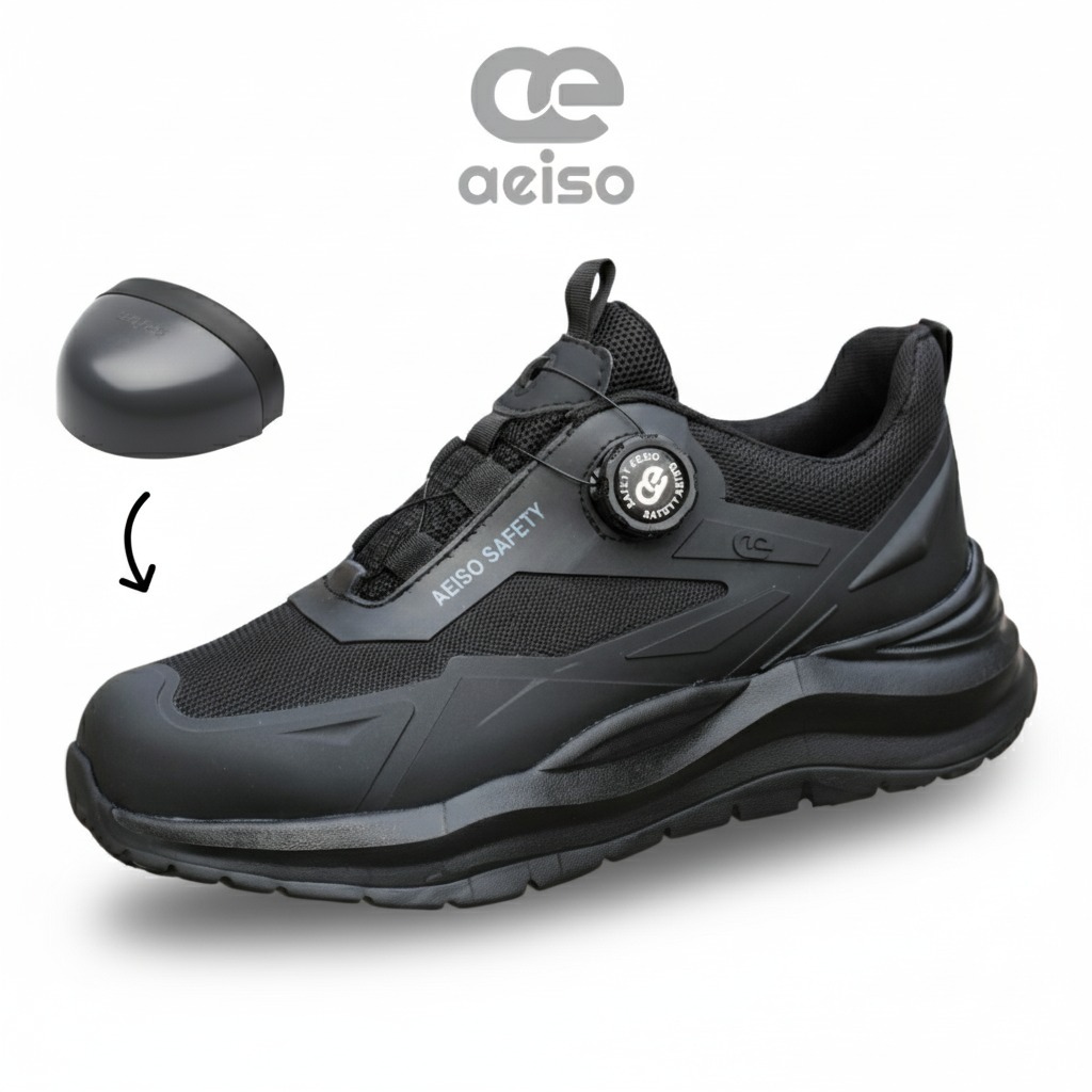 saywayname - Aeiso - Sepatu Safety Sporty ujung BESI, Casual Hitam Pria dan Wanita anti Smashing
