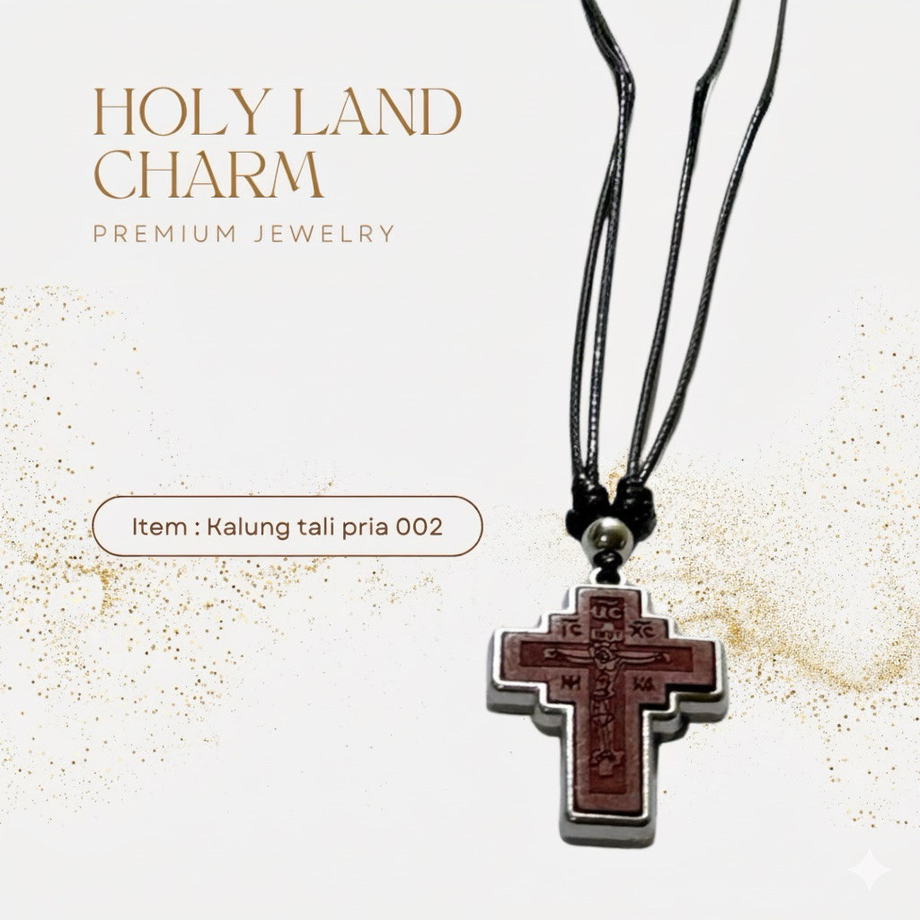 Kalung Tali Pria 002 – Salib Orthodox Kayu | Holy Land Charm