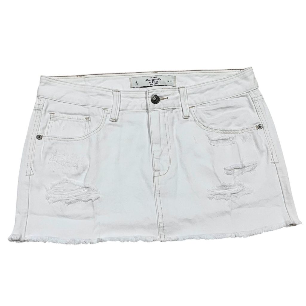 Abercrombie & Fitch White Denim Mini Skirt | rok tebal jeans jins emboss rawis distressed unfinished