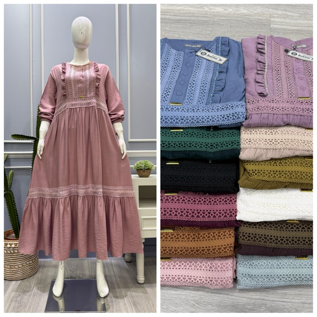 midi dress salvina cringkel dada renda terbaru