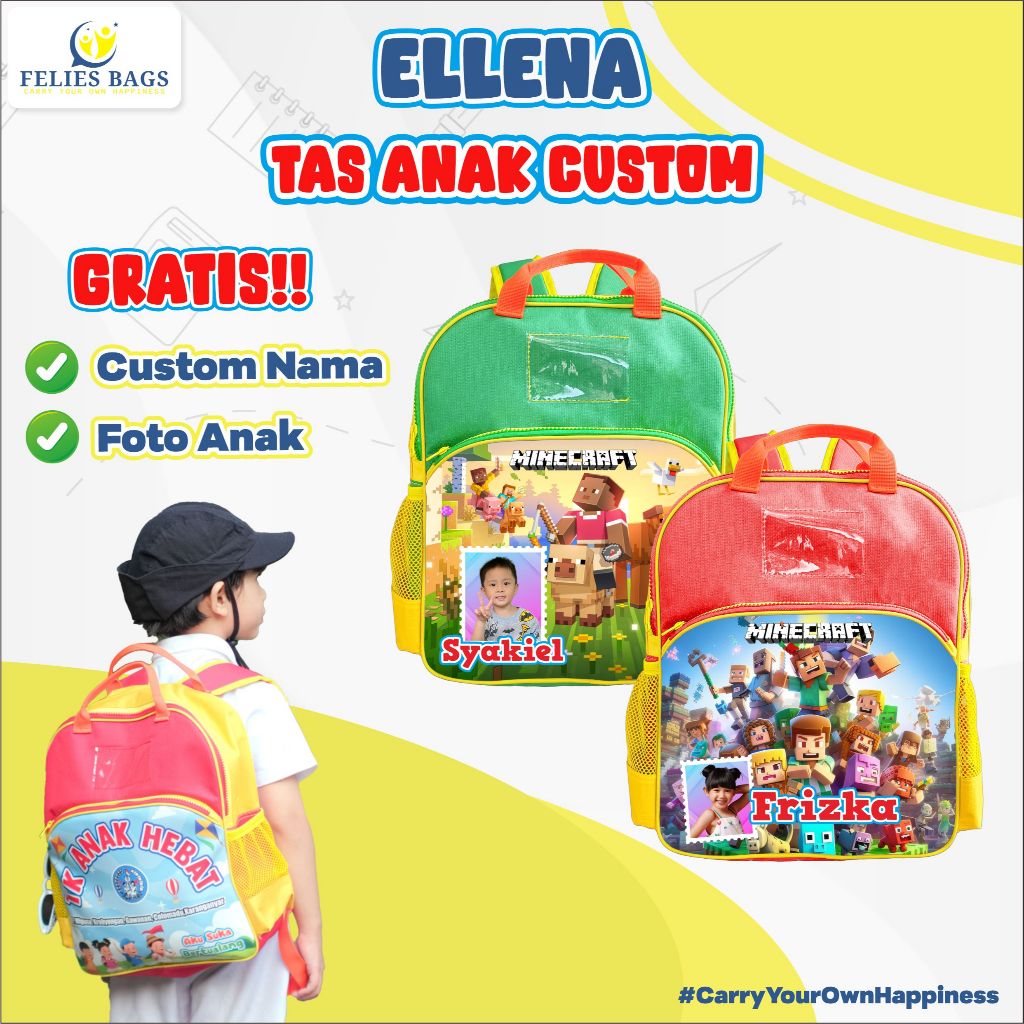 Tas Ransel Anak MINECRAFT Custom Nama + Foto | Felies Bags Tas Anak Custom ELLENA
