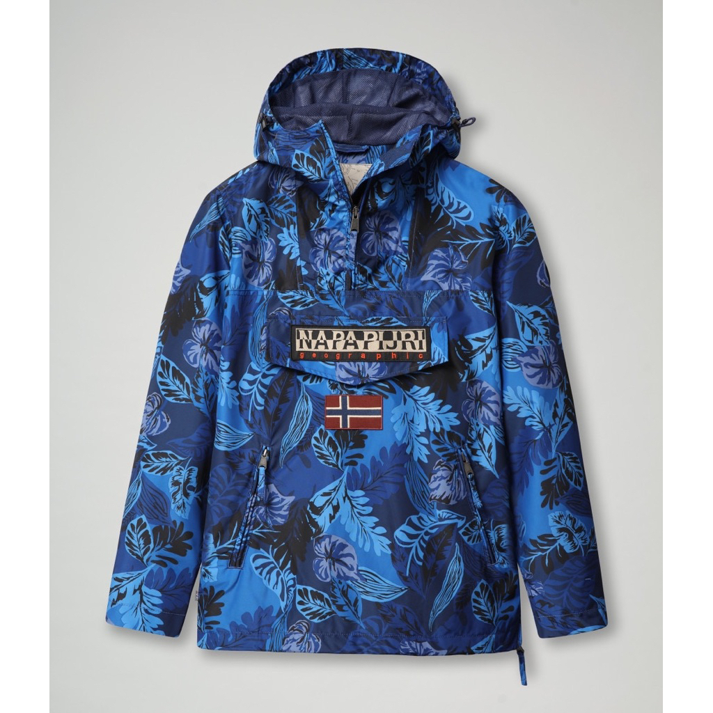 Napapijri Women Rainforest Pocket Summer Anorak Hooded Jacket In Blue Foliage