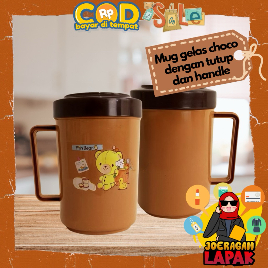 [JOERAGAN LAPAK] MUG GELAS TUTUP CHOCO - CUP PLASTIK PRINTING KARAKTER ANAK CANGKIR DENGAN HANDLE DA