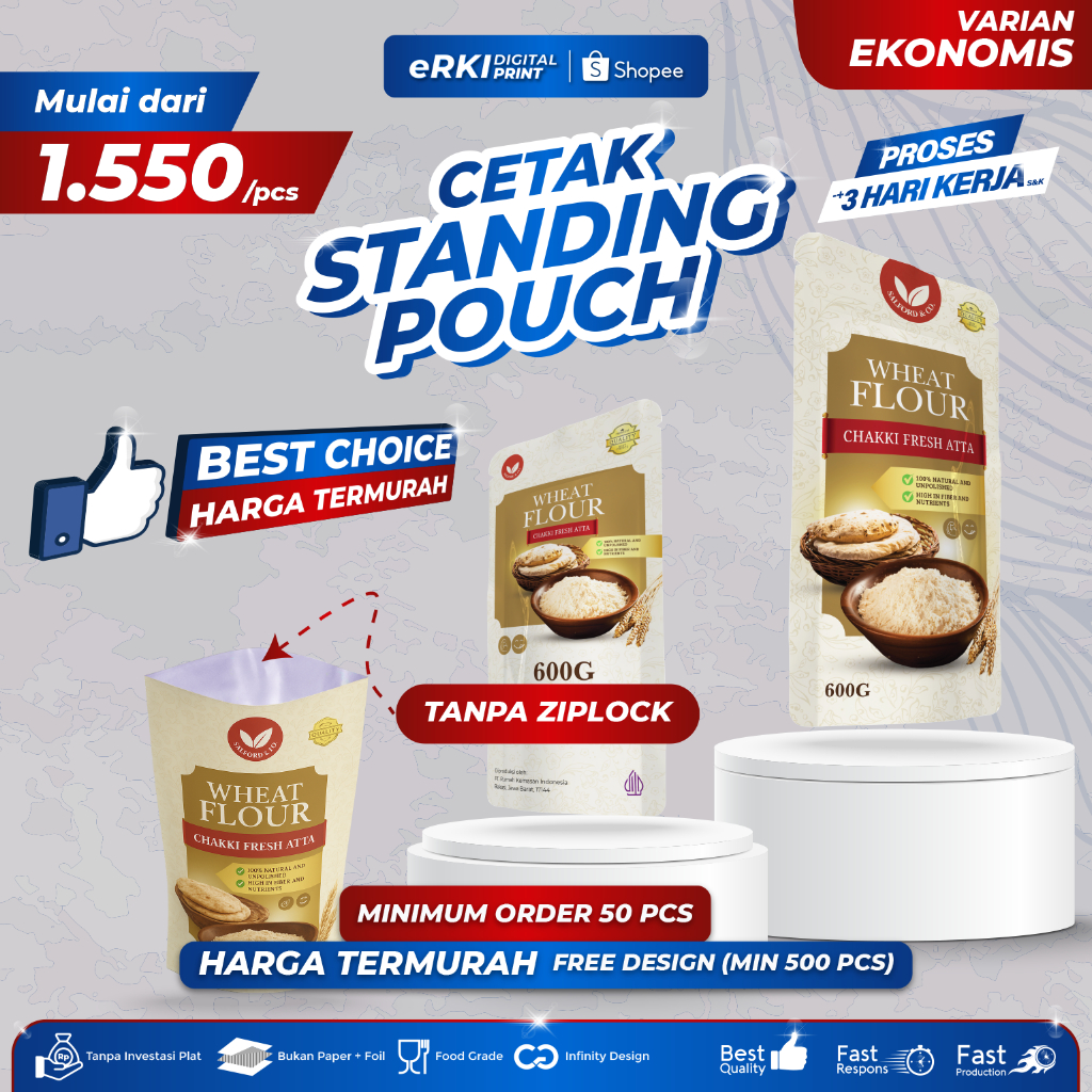KEMASAN MAKANAN STANDING POUCH EKONOMIS/ TANPA ZIPLOCK - ERKI PRINTING