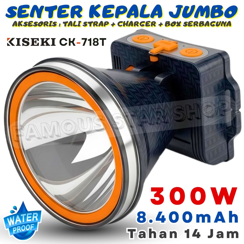 300W Senter Kepala Premium KISEKI | 8.400mAh Cahaya Putih Tahan 14 Jam | Tahan Air | CK-SK718T / CK-