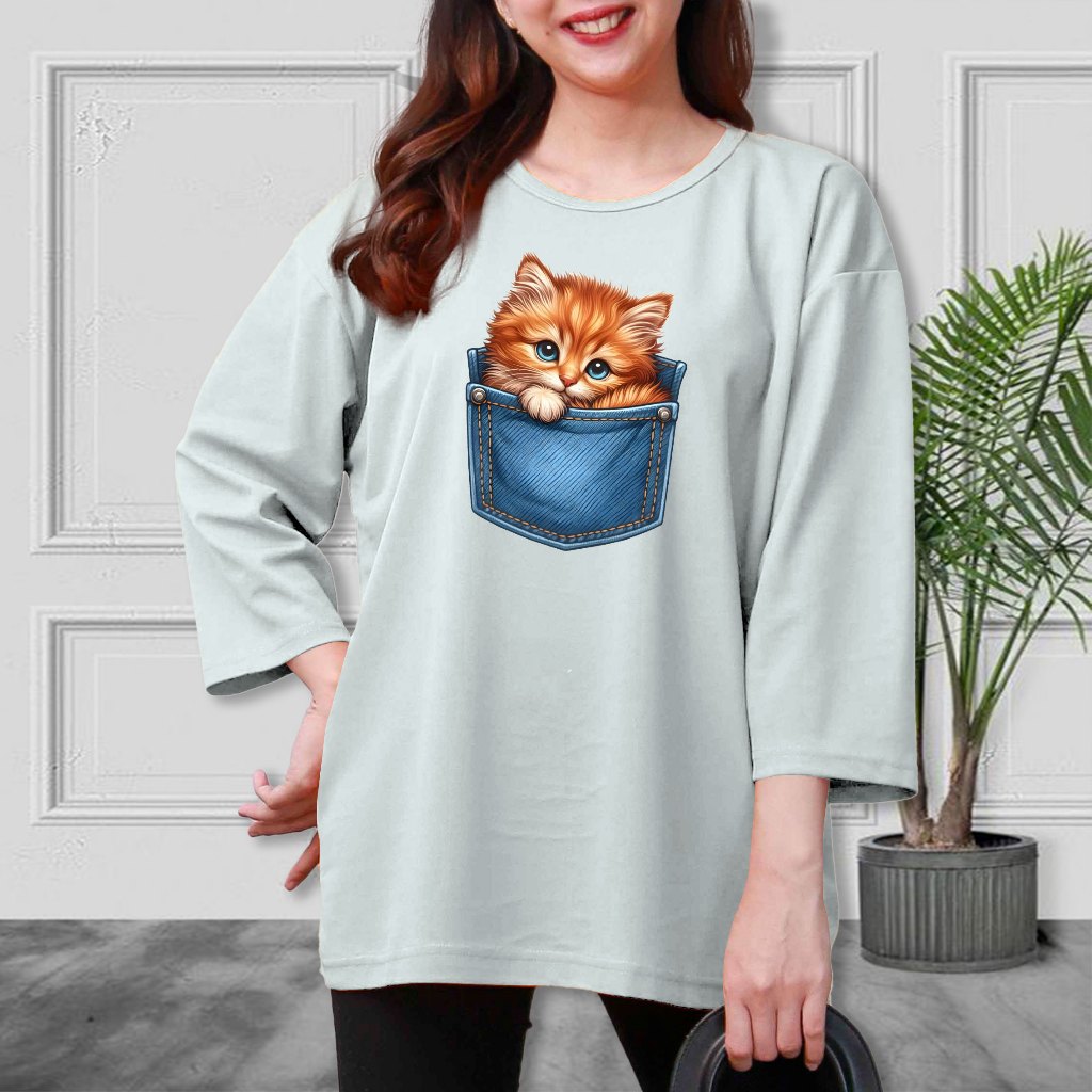Kaos Atasan Oblong Wanita Jumbo Print Kucing Jeans Bahan Voxy Ukuran Xxxl Oversize