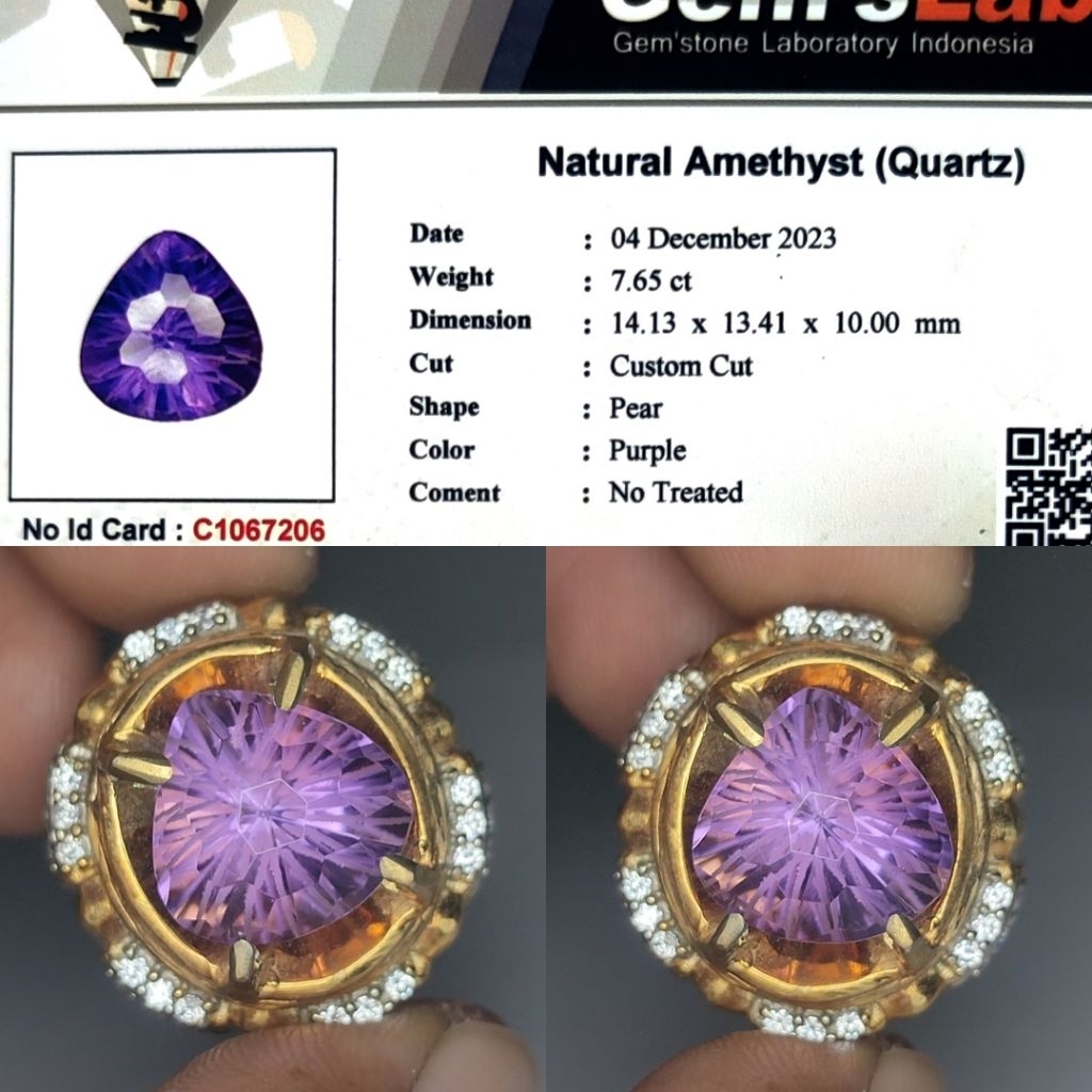 Natural Amethyst Kecubung Saparilla Color 7.6ct GLI Custom Cut Loupe Clean Top Crystall Full Luster 