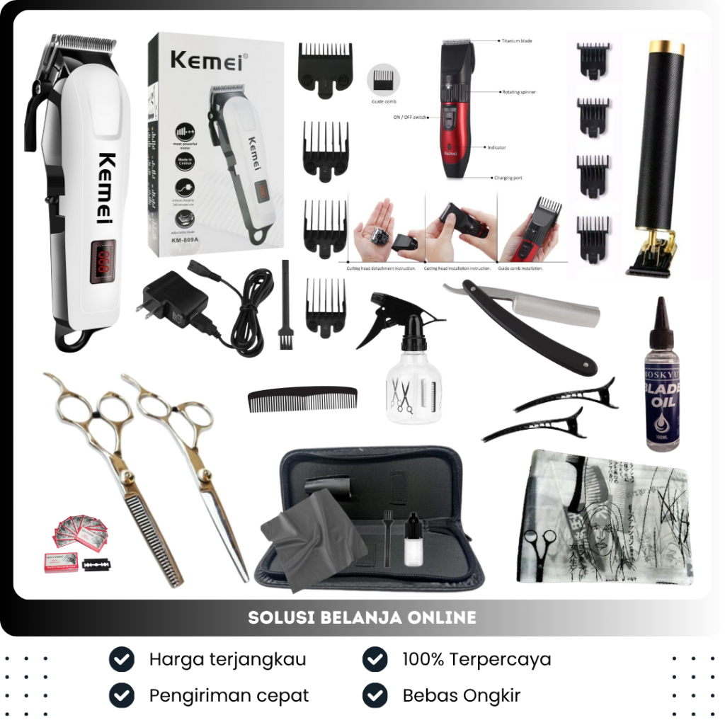 KEMEI Paket Hemat mesin cukur rambut Lengkap Peralatan Usaha Cukur Rambut Barbershop Mesin