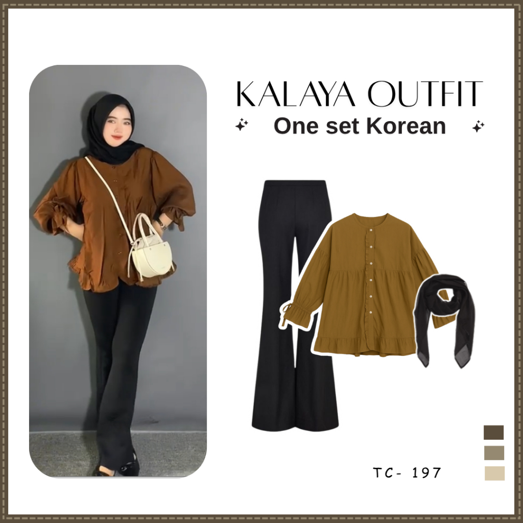 Inspirasi OOTD Korean Look Celana Cutbray Blouse Premium Dan Hijab SET TC -197
