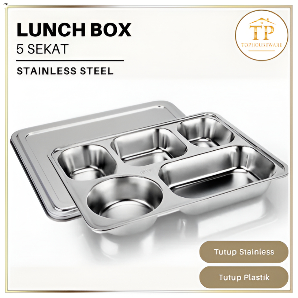 TP ' Lunch Box 5 Sekat Tempat Makan Stainless  5 Sekat Tutup Stainless Tutup Plastik Bento Box