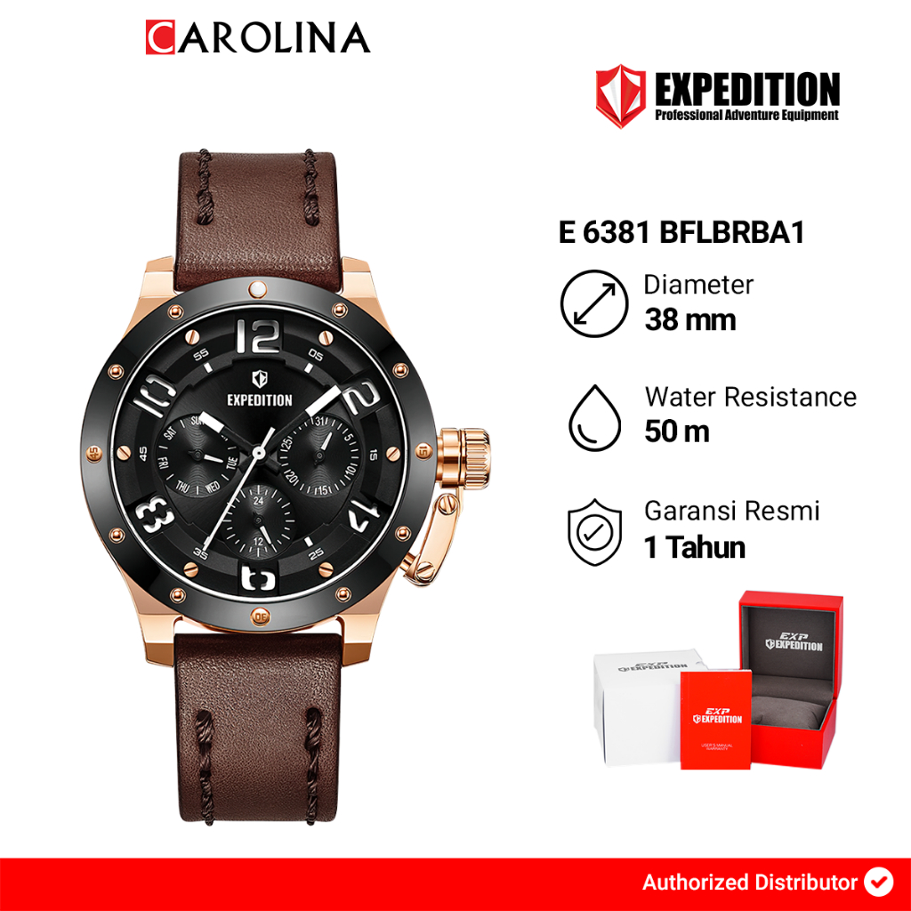 Jam Tangan Wanita Expedition Multifunction E 6381 BFLBRBA1 Black Dial Brown Leather Strap
