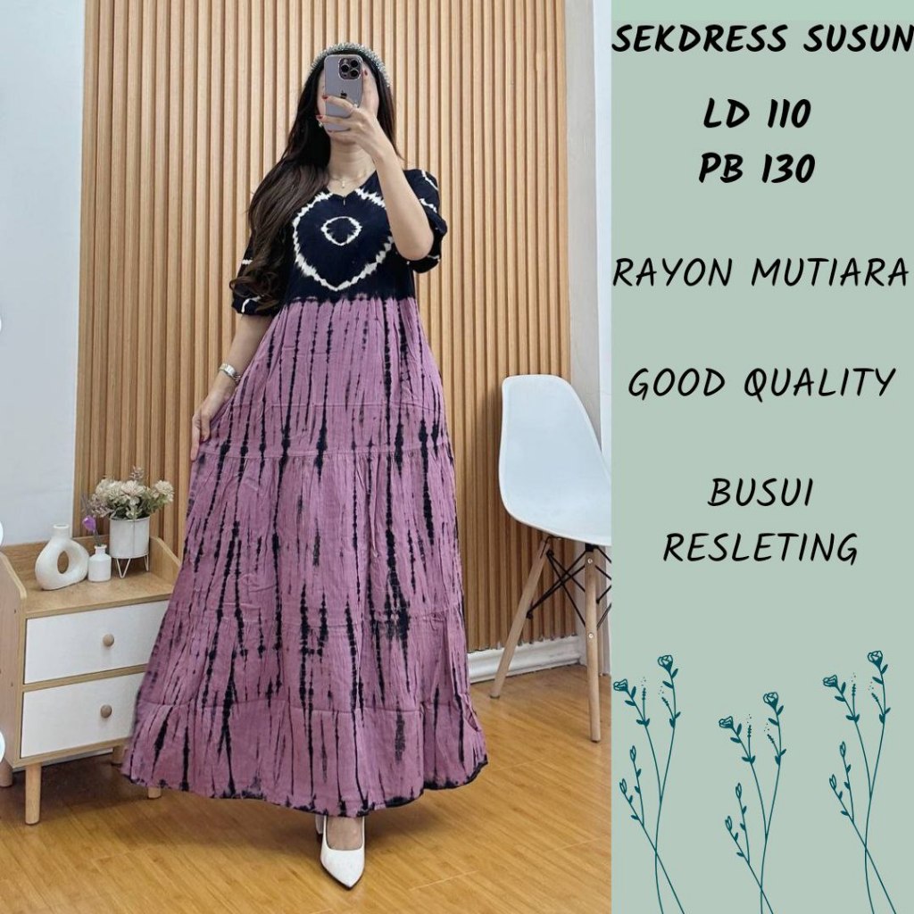 Sekdress susun Rayon Motif Cap & jumputan Terbaru Size Standar &  Jumbo Lengan Pendek