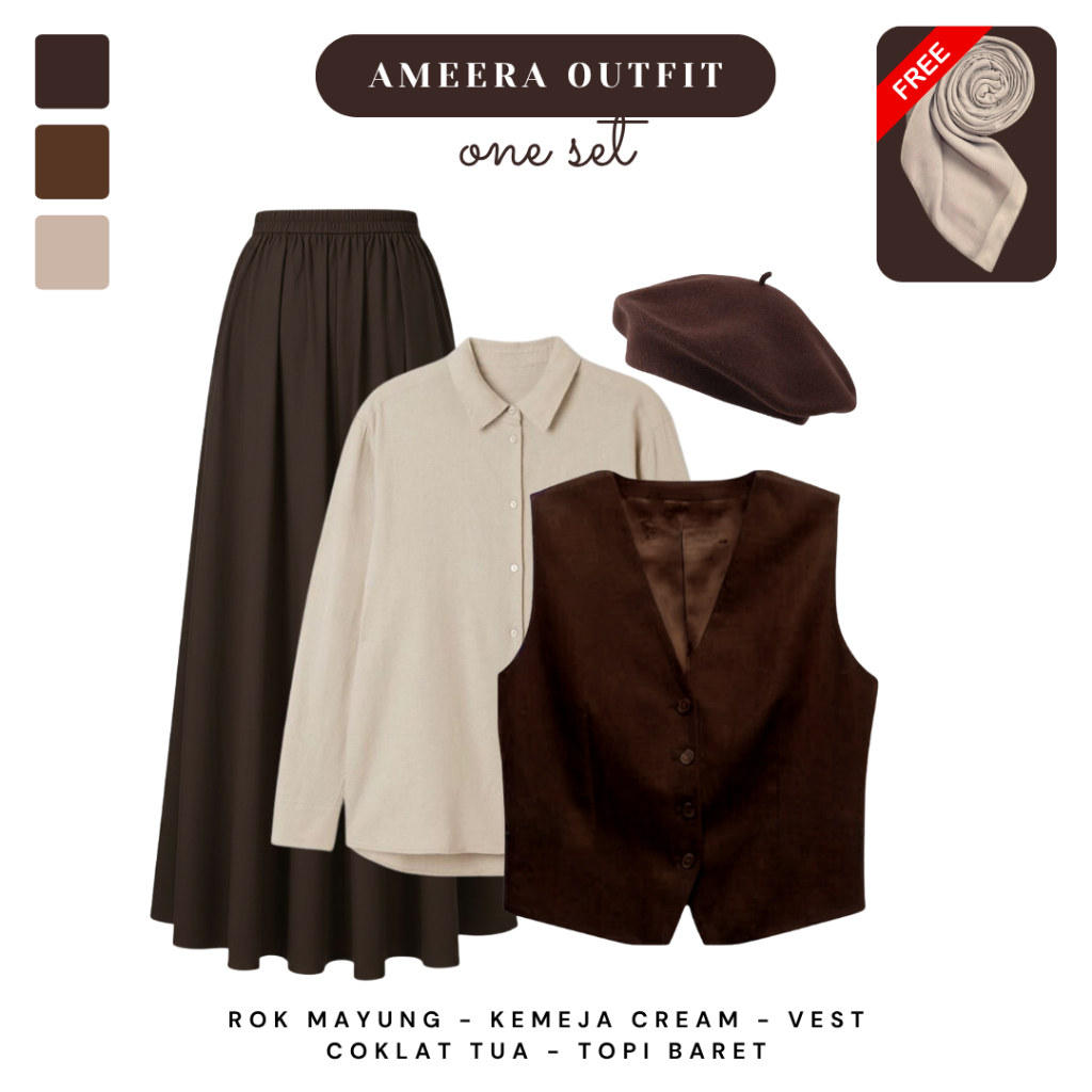 Outfit Yearbook Dark Academia ( Kemeja Cream , Vest Coklat Tua , Rok Coklat , Topi Baret ) - CTO60