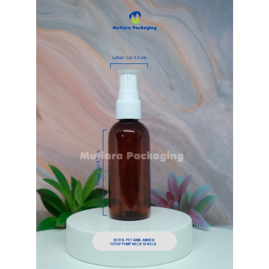 BOTOL PET 60ML AMBER / TUTUP PUMP NECK 18 KECIL - BOTOL AMBER TUTUP PUMP NECK 18 KECIL 60 ML