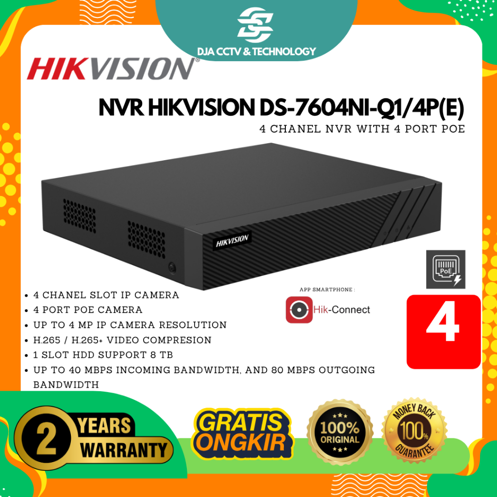 DS-7604NI-Q1/4P(E) - HIKVISION NVR 4 Chanel 7600 New Series Include POE