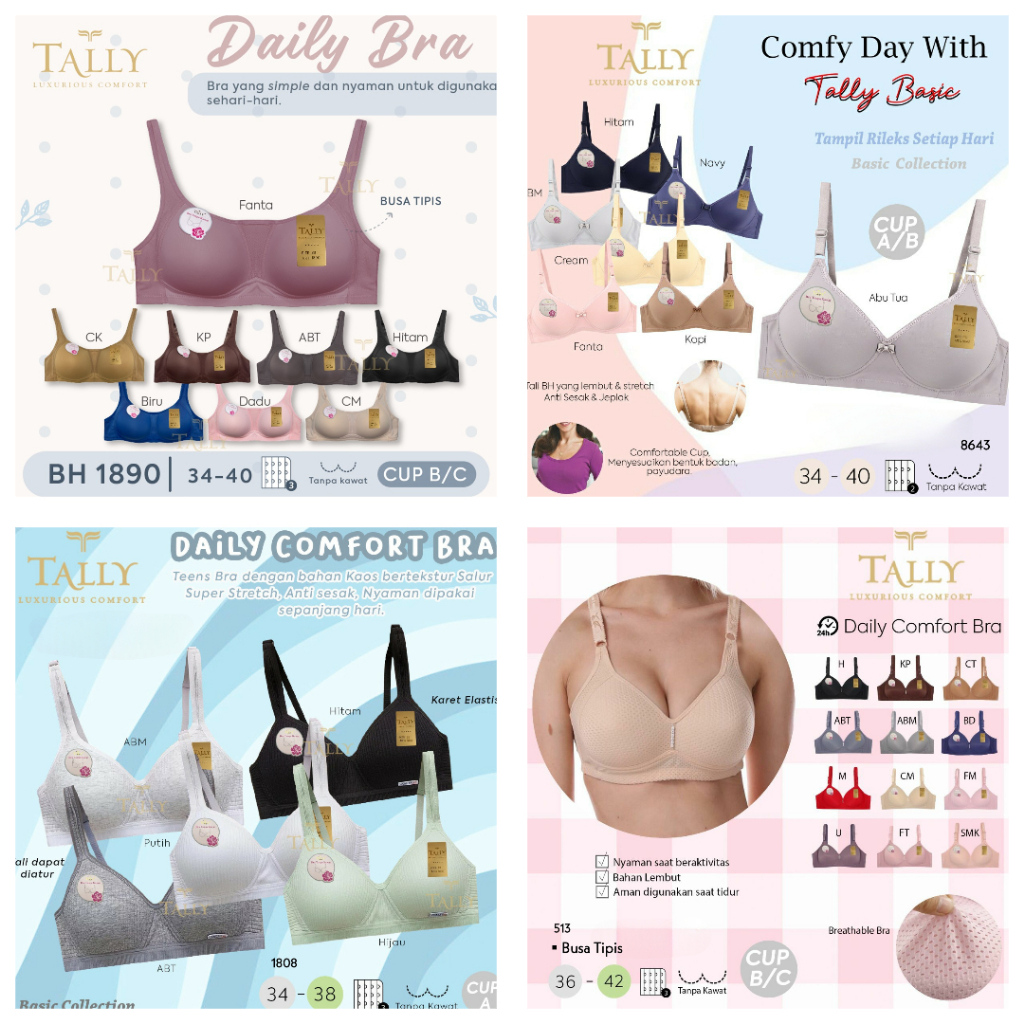 RVC75 - TALLY Bra Busa Tipis Tanpa Kawat 34-42 Kait 2, 3 dan 4 | BH Katun Polos Pakaian Dalam Dewasa