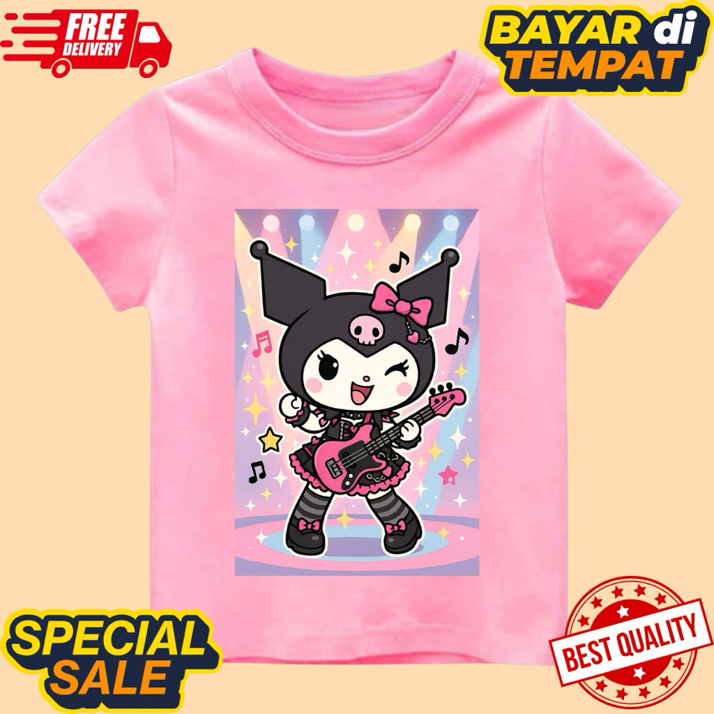 kaos anak perempuan lengan pendek motif kuromi gitar