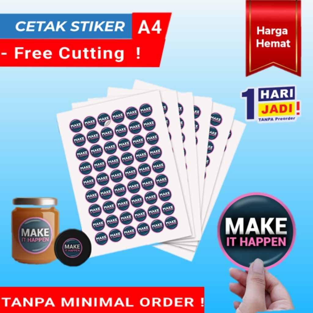 Cetak stiker chromo glossy cutting ukuran A4 murah jasa print stiker cutting chromo custom label kem