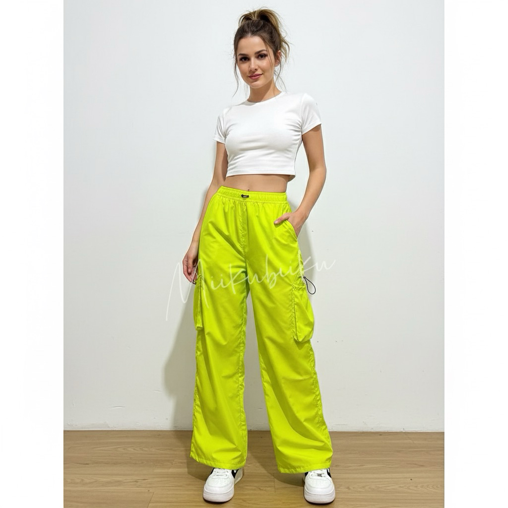 MIIKUBIIKU celana kpop dance hijau neon stabilo nyala konseran retro colourfull