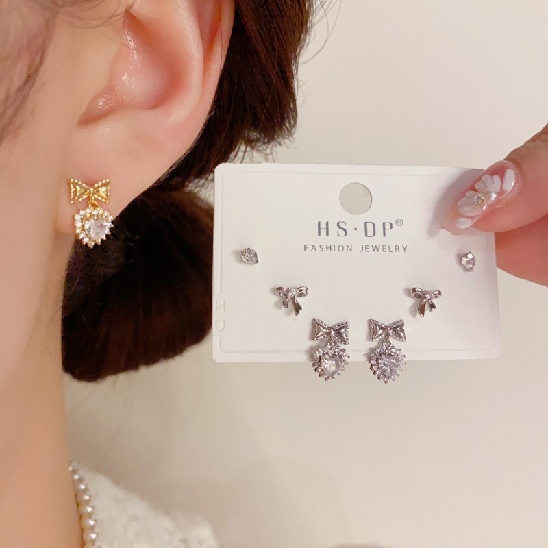 Auravibe Jewelry - S925 Jarum Perak Anting Set Cinta Zirkon Busur  Bergaya Jepang Anting Desain Ceru