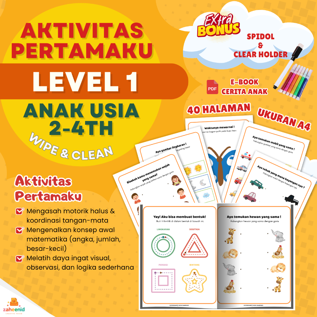 Worksheet Anak PAUD TK – Aktivitas Pertamaku Usia 2–4 Tahun | Belajar Warna, Bentuk & Motorik