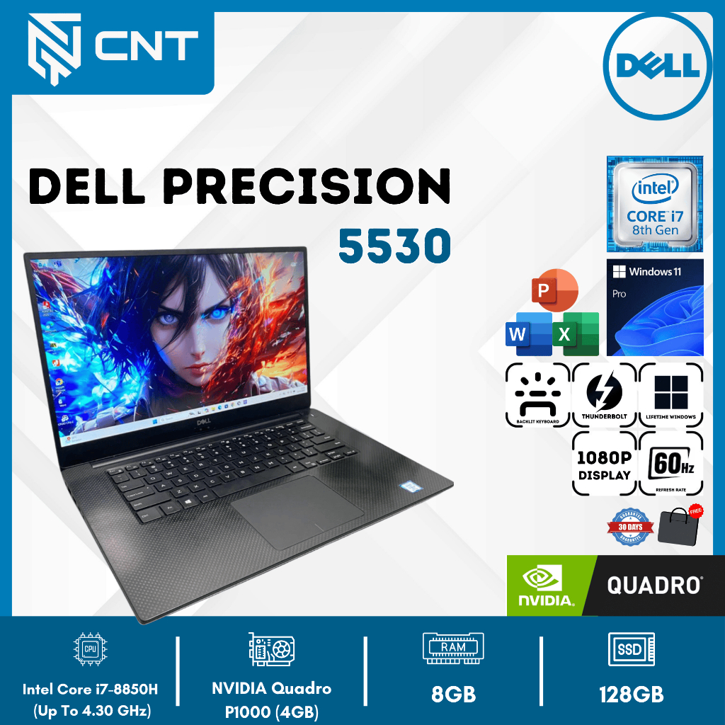 Dell Precision 5530 Core i7-8850H NVIDIA Quadro P1000  (8/128GB) Laptop Workstation Slim
