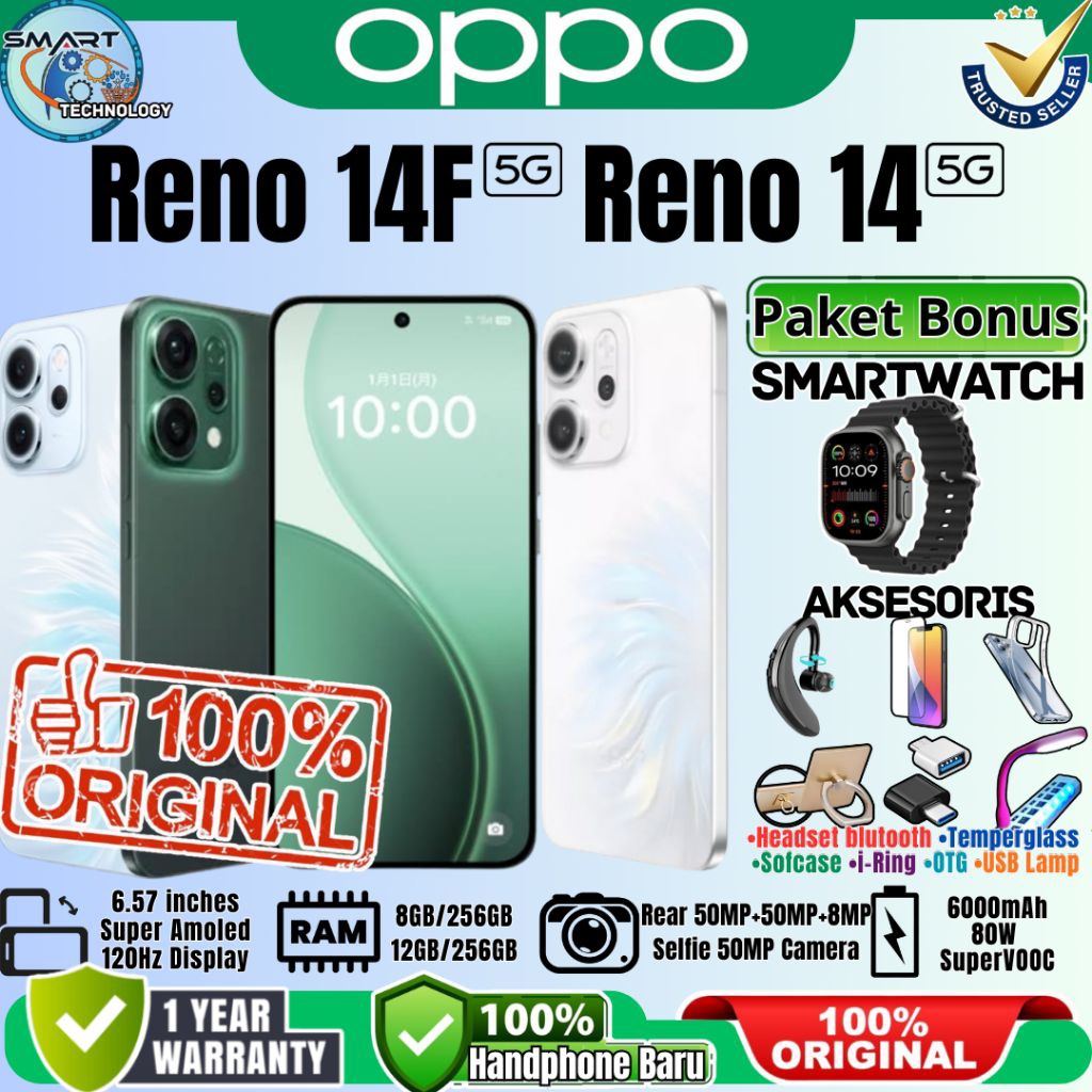Hp Oppo Reno 14F 5G | Oppo Reno14 5G [ 12/256GB - 8/256GB ] AI Flash Photography AI Editor  Baru Gar