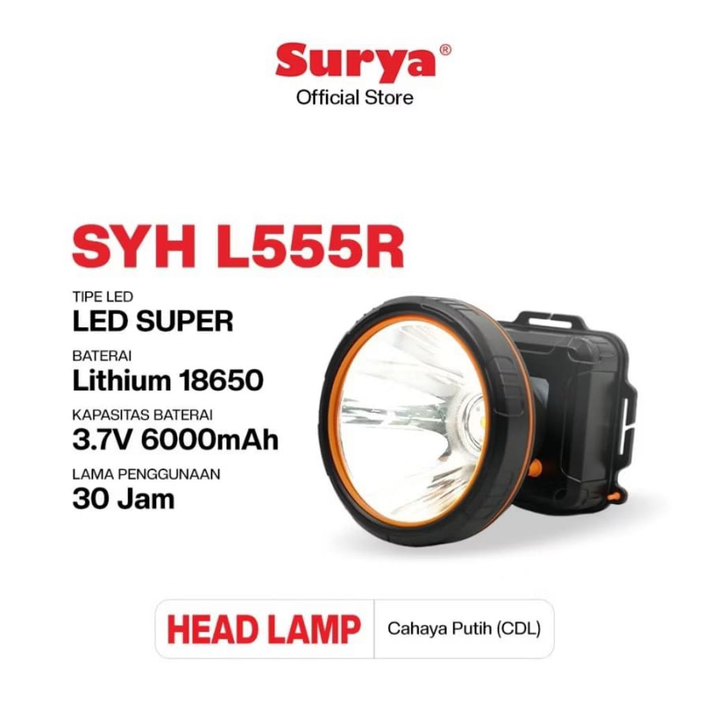 Surya SYH L555R 55 Watt Lampu Senter Kepala LED Rechargeable Head Lamp | Selam | Diving | Water Resi