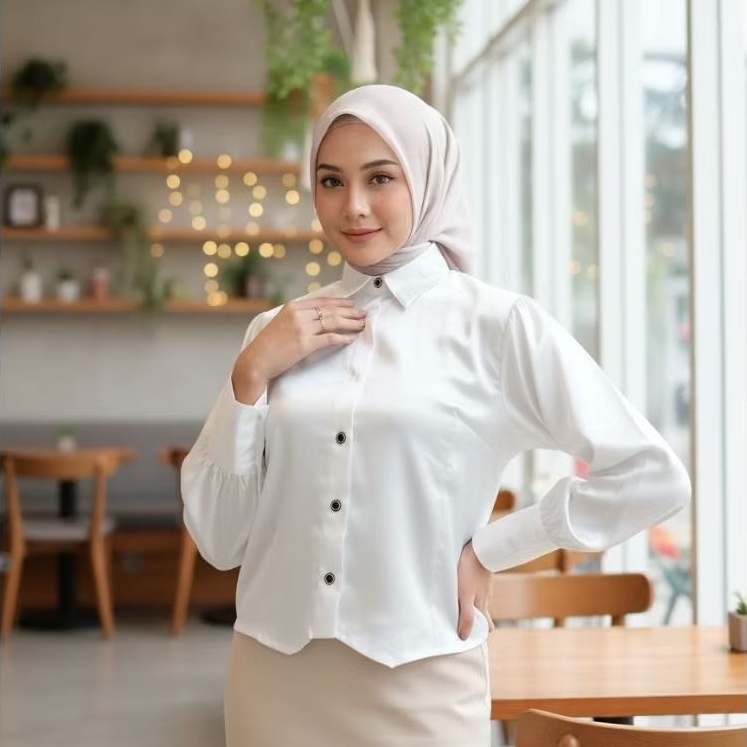SENJU Baju  Kemeja Crop Wanita Lengan Panjang Korean Style Hijab ld 100- 110