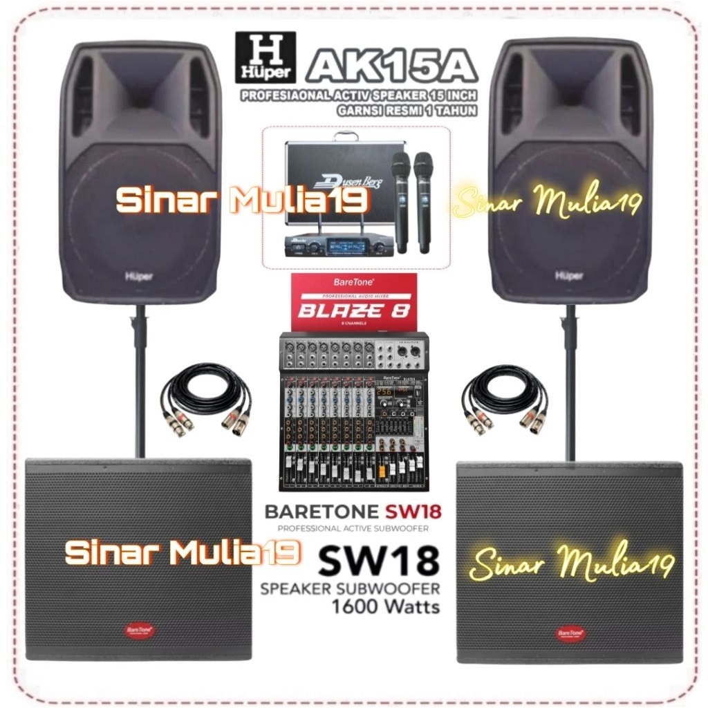 Paket Sound System Terbaik Speaker Aktif HUPER AK15A Subwoofer 18 Inch BareTone SW18 Mixer BareTone 