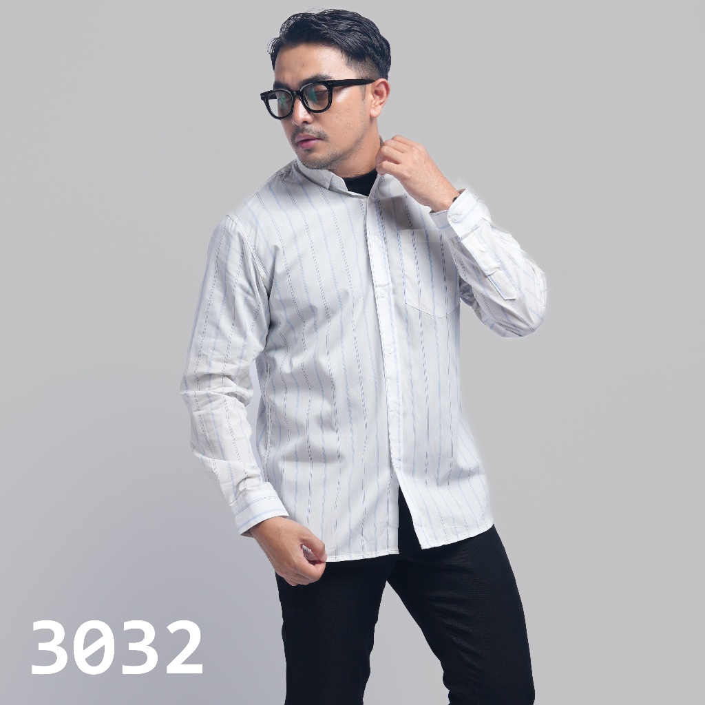 PAKAJI Kemeja Pria Salur Lengan Panjang Premium Kemeja Stripe Pria Kemeja Garis Pria Slimfit Putih G